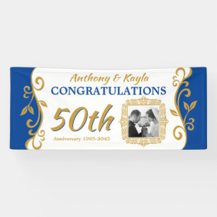 50th Wedding Anniversary Add Your Photo Blue Gold Banner