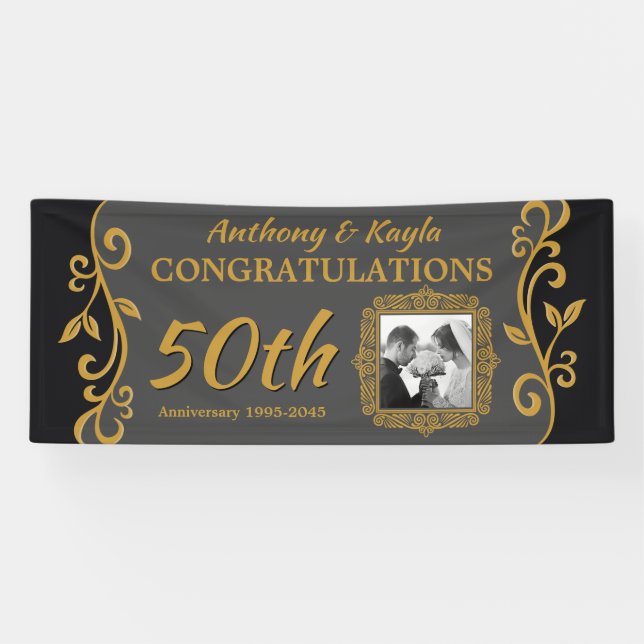 50th Wedding Anniversary Add Your Photo Gold Grey Banner (Horizontal)