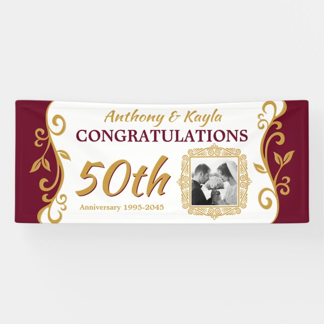 50th Wedding Anniversary Add Your Photo Red Gold Banner (Horizontal)