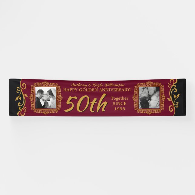 50th Wedding Anniversary Add Your Photo Red Gold Banner (Horizontal)