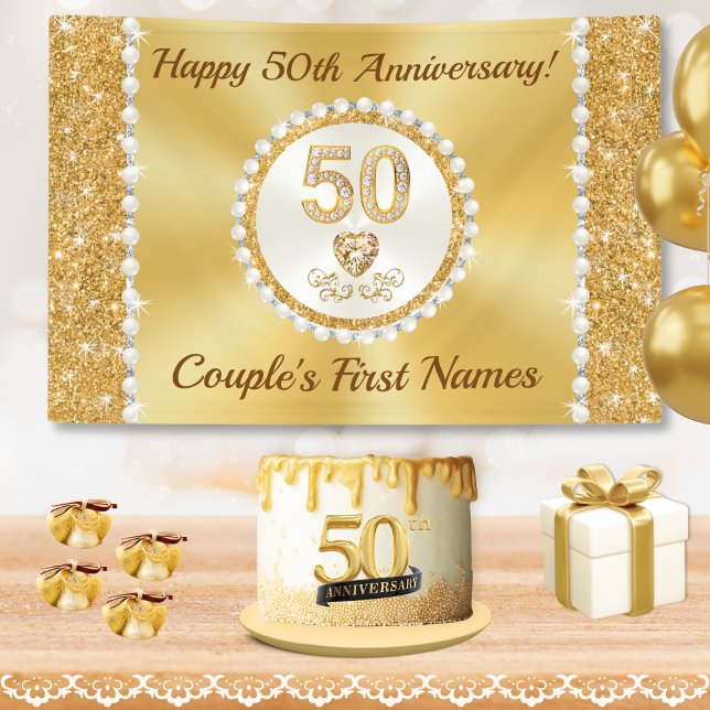 50th Wedding Anniversary Banner PERSONALIZED, Gold (50th wedding anniversary banner. 50th anniversary decorations. Golden wedding anniversary ideas.)