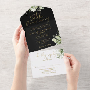 50th Wedding Anniversary Black And Gold Floral All In One Invitation
