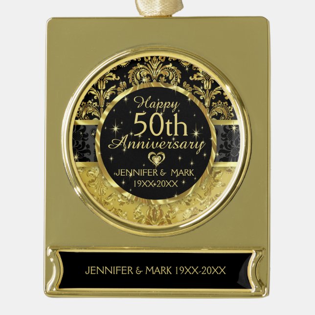 50th Wedding Anniversary-Black And Gold Gold Plated Banner Ornament (Front)