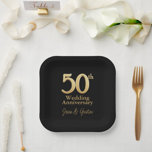 50th Wedding Anniversary | Black and Gold Paper Plate (Wedding)