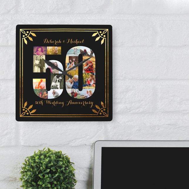 50th Wedding Anniversary Black and Gold Photo Square Wall Clock (Creator Uploaded)