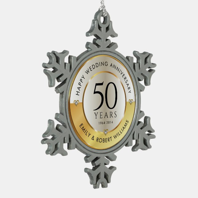 50th wedding anniversary black and gold snowflake pewter christmas ornament (Left)