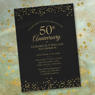 50th Wedding Anniversary Black Gold Confetti Invitation