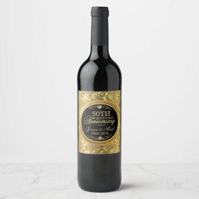 50th Wedding Anniversary Black & Gold Damasks 2 Wine Label (Front)