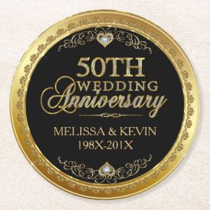 50th Wedding Anniversary Black & Gold Damasks 3 Round Paper Coaster