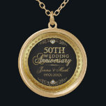 50th Wedding Anniversary Black Gold & Diamonds Gold Plated Necklace<br><div class="desc">Elegant 50th wedding anniversary gold and diamonds glitter print over black background. Gold tones round circle frame. Customisable names and years.</div>