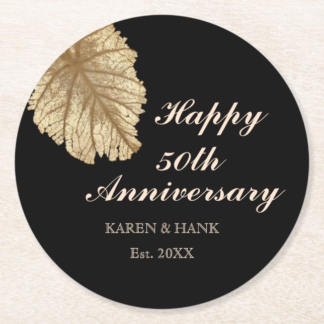 50th Wedding Anniversary Black Gold Personalized Round Paper Coaster (Front)