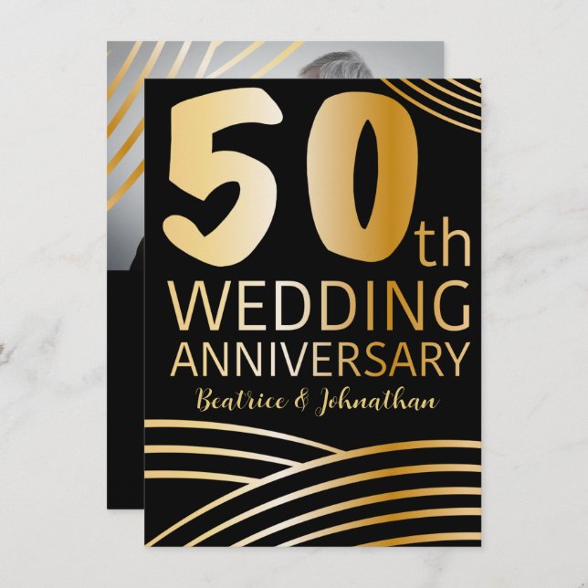 50th Wedding Anniversary Black & Gold Photo Invitation (Front/Back)