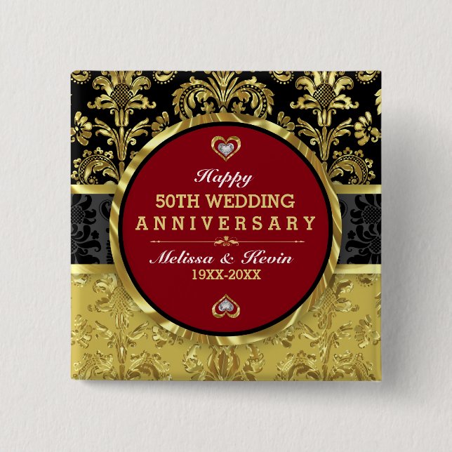 50th Wedding Anniversary Black Gold & Red 15 Cm Square Badge (Front)