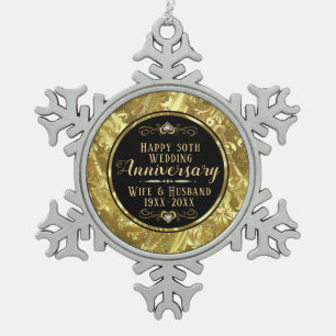 50th Wedding Anniversary Black & Gold Snowflake Pewter Christmas Ornament
