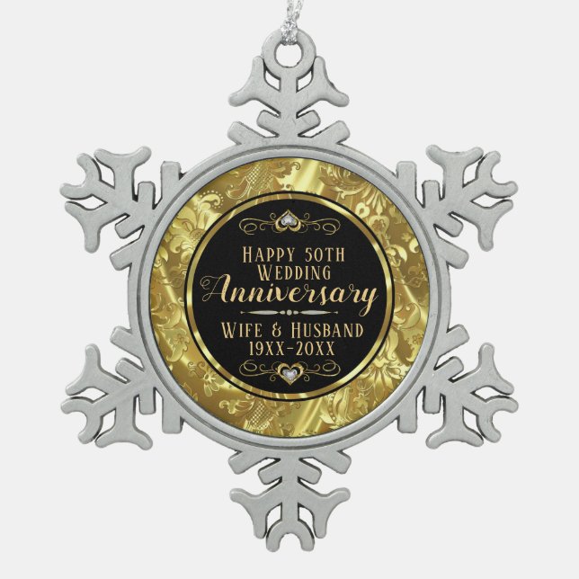 50th Wedding Anniversary Black & Gold Snowflake Pewter Christmas Ornament (Front)