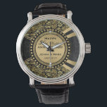 50th Wedding Anniversary Black & Gold Watch<br><div class="desc">Elegant gold 50th wedding anniversary commemorative plate with black and gold damasks pattern,  ornate circle frame,  and white diamond hearts. All wedding anniversary colours in this design can be requested. If you need help customising,  changing colour,  or anything else to any of my designs,  contact ArtOnWear designer.</div>