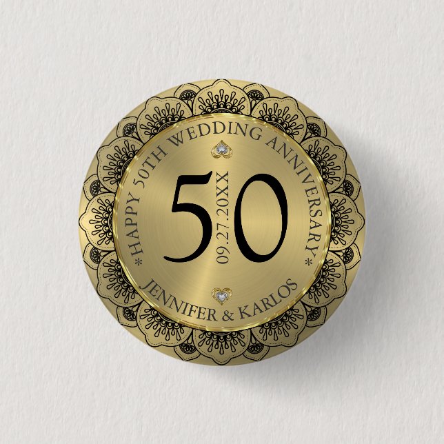50th wedding anniversary black lace & gold  3 cm round badge (Front)