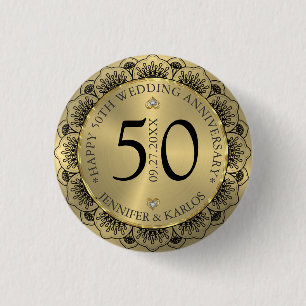 50th wedding anniversary black lace & gold 3 cm round badge