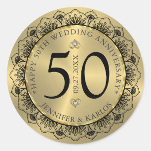 50th wedding anniversary black lace & gold classic round sticker