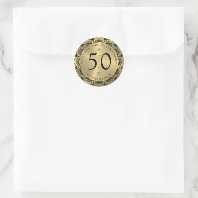 50th wedding anniversary black lace & gold classic round sticker (Bag)