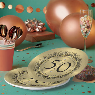 50th wedding anniversary black lace & gold paper plate