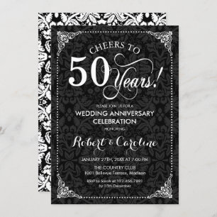50th Wedding Anniversary - Black White Damask Invitation