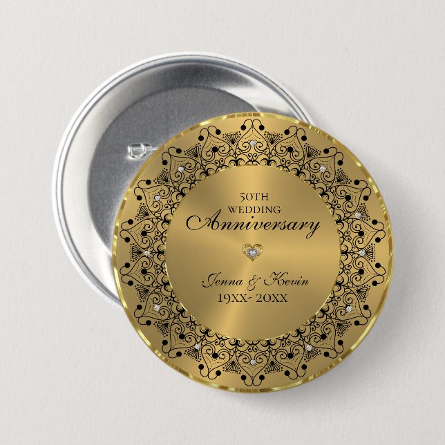 50th Wedding Anniversary BlackMandala On Gold 7.5 Cm Round Badge (Front & Back)