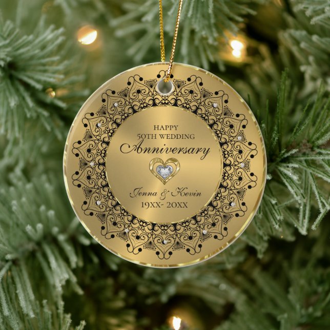 50th Wedding Anniversary BlackMandala On Gold Ceramic Ornament (Tree)