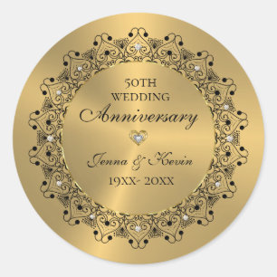 50th Wedding Anniversary BlackMandala On Gold Classic Round Sticker
