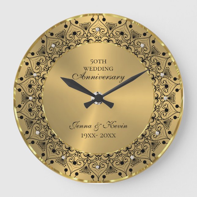 50th Wedding Anniversary BlackMandala On Gold Large Clock (Front)