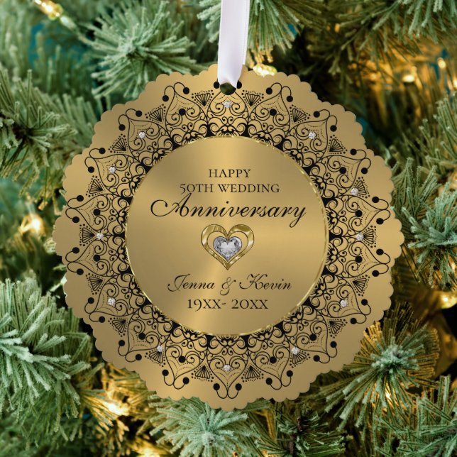 50th Wedding Anniversary BlackMandala On Gold Tree Decoration Card (Insitu (Tree))