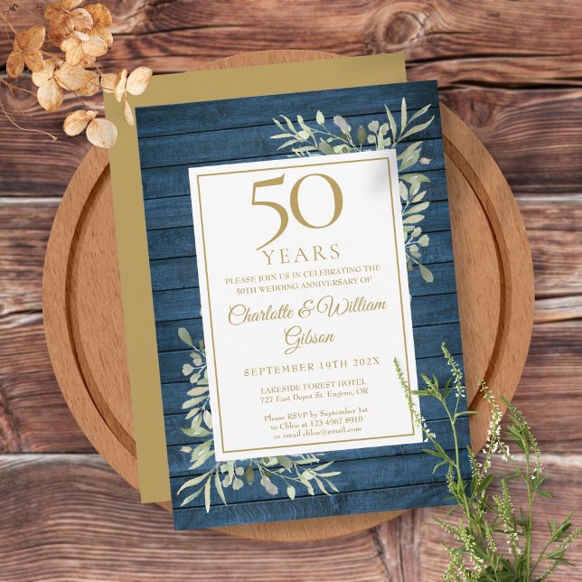 50th Wedding Anniversary Blue Rustic Wood Greenery Invitation (Creator Uploaded)