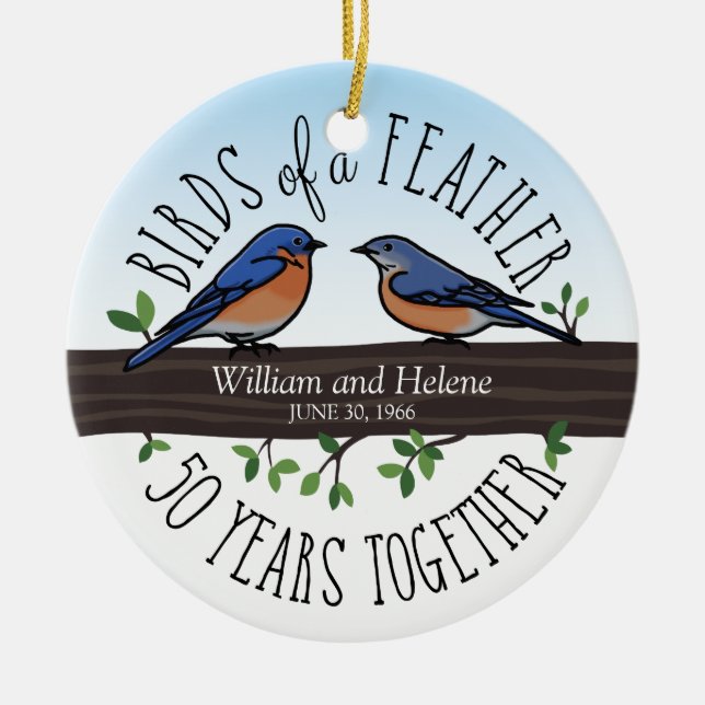 50th Wedding Anniversary, Bluebirds of a Feather Ceramic Ornament (Front)