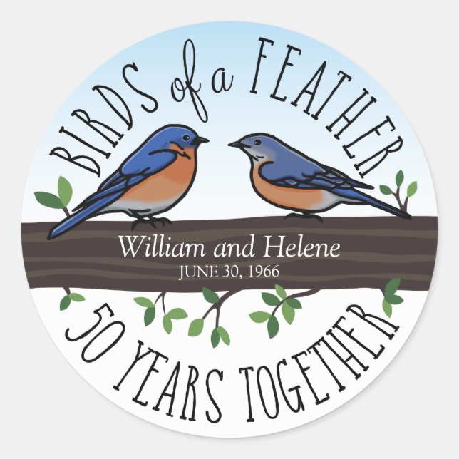 50th Wedding Anniversary, Bluebirds of a Feather Classic Round Sticker (Front)