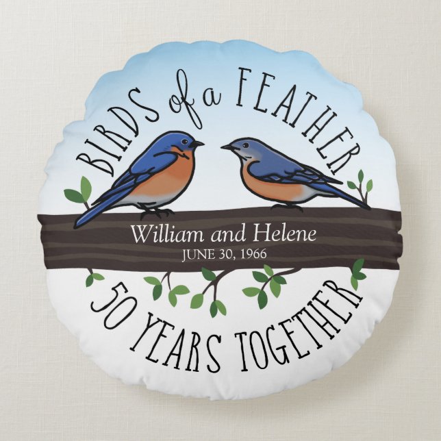 50th Wedding Anniversary, Bluebirds of a Feather Round Cushion (Front)