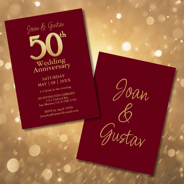 50th Wedding Anniversary Burgundy and Gold Invitation (Creator Uploaded)