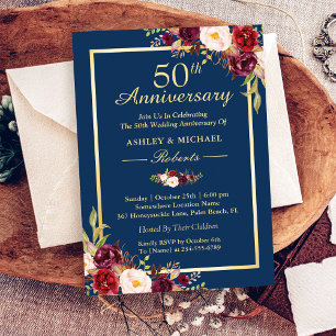 50th Wedding Anniversary Burgundy Floral Navy Blue Invitation
