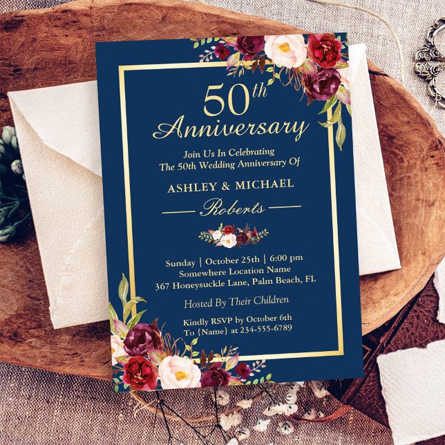 50th Wedding Anniversary Burgundy Floral Navy Blue Invitation (Creator Uploaded)