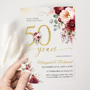 50th Wedding Anniversary Burgundy Gold Elegant Acrylic Invitations
