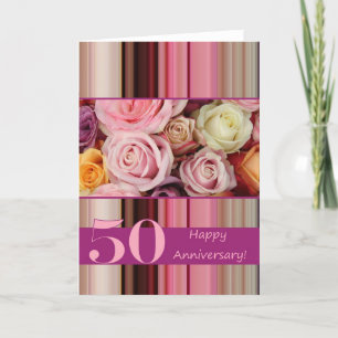 50th Wedding Anniversary Card -Pastel roses stripe