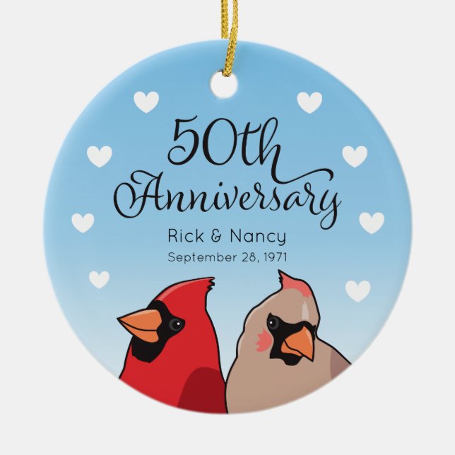 50th Wedding Anniversary, Cardinal Pair Ceramic Ornament (Front)