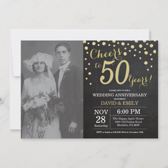 50th Wedding Anniversary Chalkboard Black and Gold Invitation (Front)
