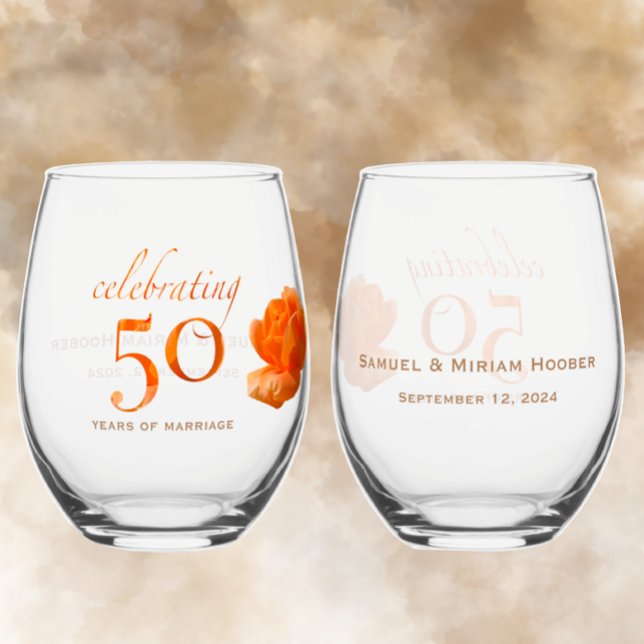 50th wedding anniversary customise peach rose gift stemless wine glass (Personalized 50th anniversary keepsake stemless wineglasses with unique peach rose elegant gift idea)