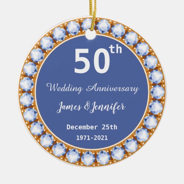 50th Wedding Anniversary diamond Custom Names Ceramic Ornament (Front)