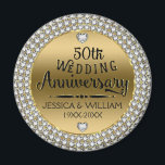 50th Wedding Anniversary Diamonds And Gold Magnet<br><div class="desc">Elegant 50th wedding anniversary with white diamonds circle,  shiny gold tones background. 50th wedding Anniversary text design in black with shiny accents. Customisable name and year of wedding.</div>