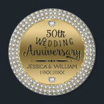 50th Wedding Anniversary Diamonds And Gold Magnet<br><div class="desc">Elegant 50th wedding anniversary with white diamonds circle,  shiny gold tones background. 50th wedding Anniversary text design in black with shiny accents. Customisable name and year of wedding.</div>