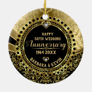 50th Wedding Anniversary Diamonds & Gold Damasks Ceramic Tree Decoration