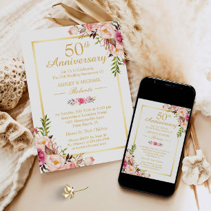50th Wedding Anniversary Elegant Chic Gold Floral Invitation