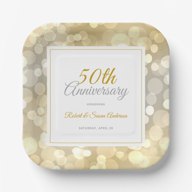50th Wedding Anniversary Elegant Gold Bokeh Paper Plate (Front)