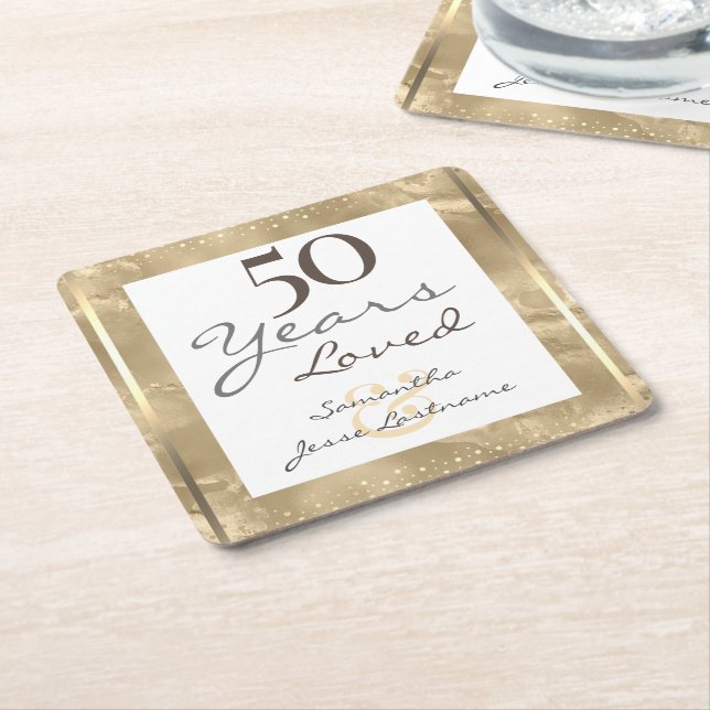 50th Wedding Anniversary Elegant Gold  Square Paper Coaster (Angled)